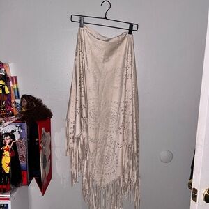 Beige Fringe Shawl with Cutout Design